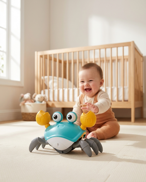 Baby laughing and reaching for the crawling crab toy on a nursery floor