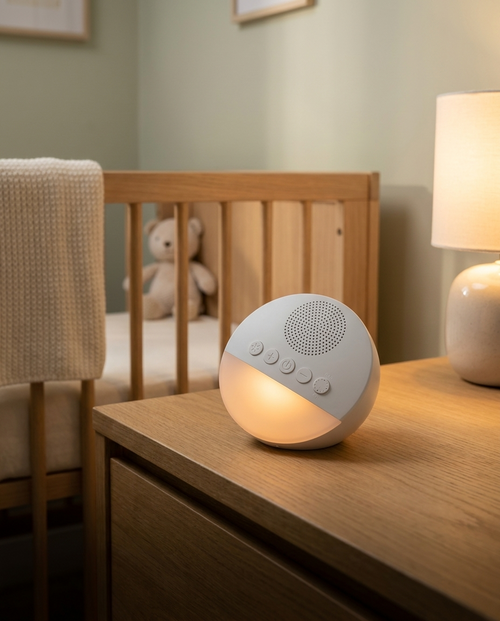 SleepSound white noise machine glowing amber on a nursery dresser beside a cot