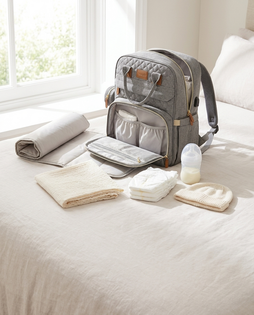 Ultimate Baby Travel Bag open on a bed with changing mat, nappies and bottle